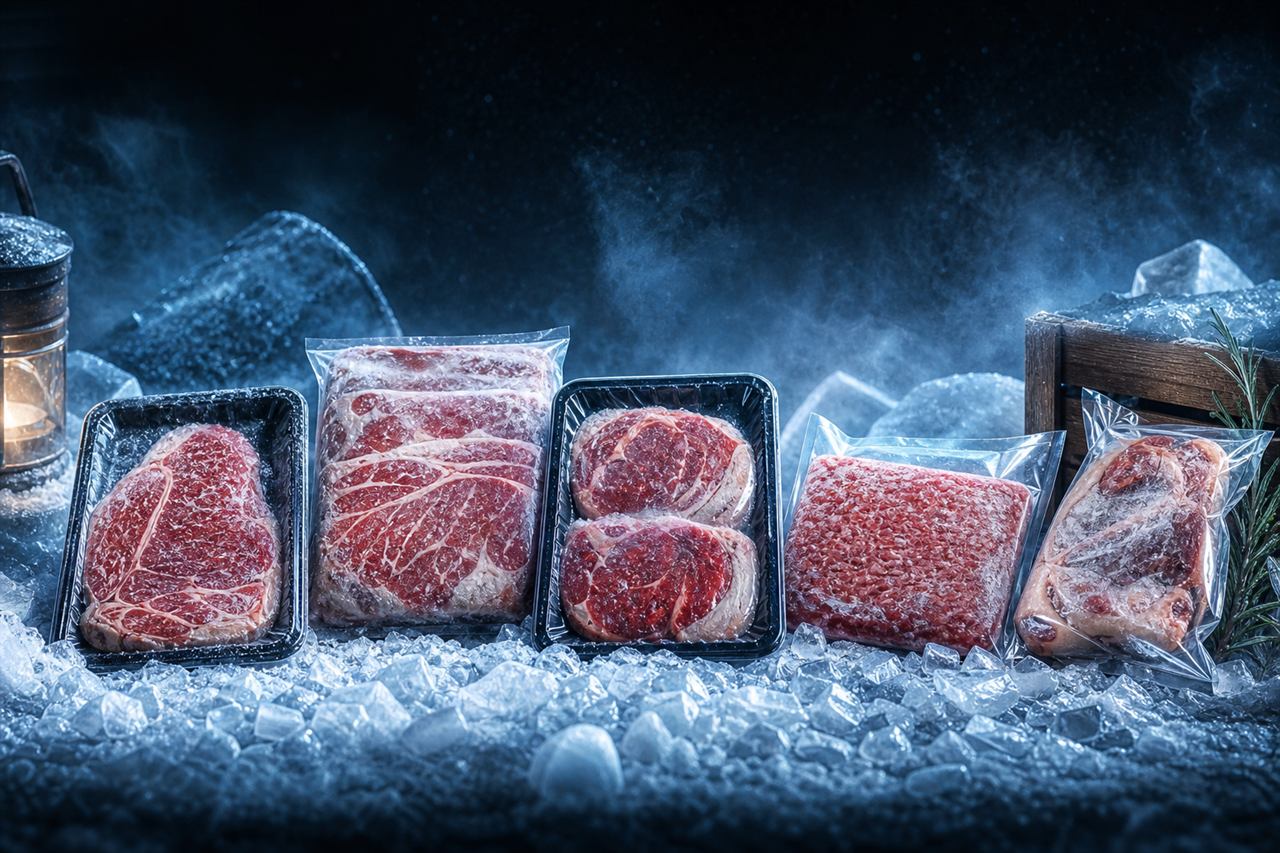 真空包裝的冷凍肉品放在冰上